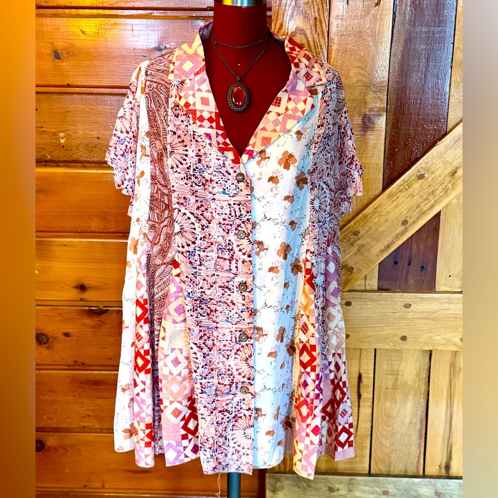 Oli & Hali Patchwork Button-Down Tunic in Pink, Red, Cream